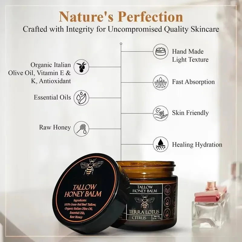 Organic Grass Fed Beef Tallow Balm with Raw Honey Moisturizing Cream for Soft Smooth Skin Handmade All-Natural Moisturizer Skin