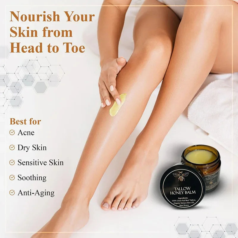 Organic Grass Fed Beef Tallow Balm with Raw Honey Moisturizing Cream for Soft Smooth Skin Handmade All-Natural Moisturizer Skin